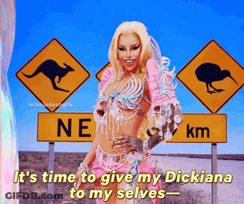 A Woman In A Pink Outfit Stands In Front Of A Sign That Says Ne Km GIF
