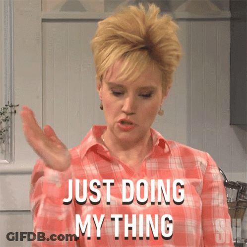 A Woman In A Pink Plaid Shirt Is Saying Just Doing My Thing GIF