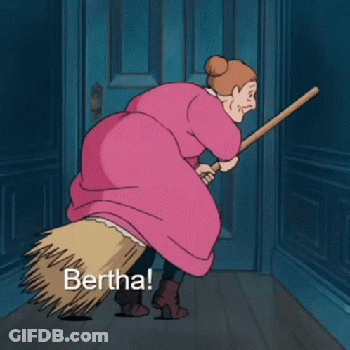 A Woman In A Pink Robe Is Flying On A Broom With The Word Bertha Written On The Bottom GIF