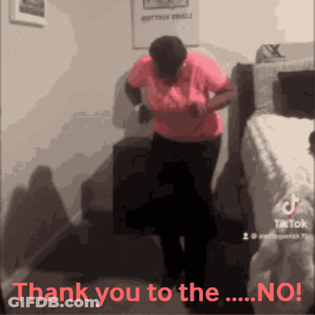 A Woman In A Pink Shirt Is Dancing In A Room With The Words " Thank You To The No " In Red GIF