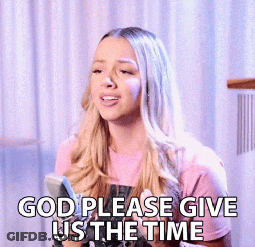 A Woman In A Pink Shirt Is Holding A Cell Phone And Saying `` God Please Give Us The Time '' . GIF