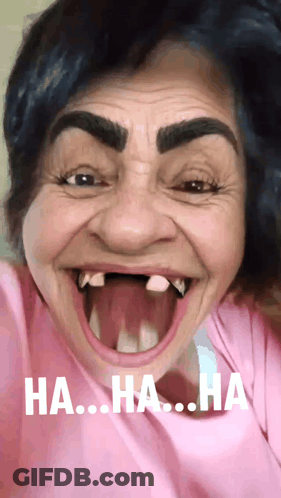 A Woman In A Pink Shirt Is Making A Funny Face With The Words Ha Ha Ha On The Bottom Right GIF