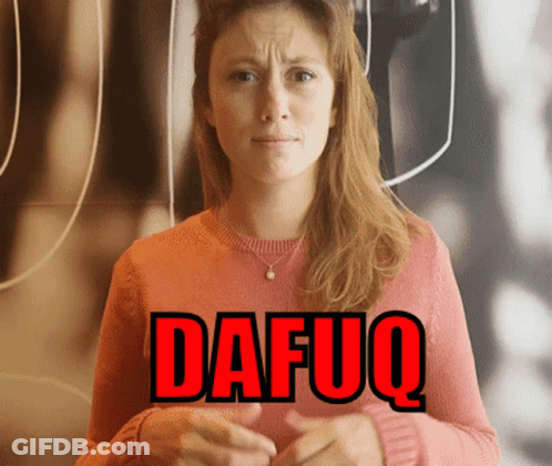 A Woman In A Pink Sweater Has The Word Dafuq Written In Red GIF