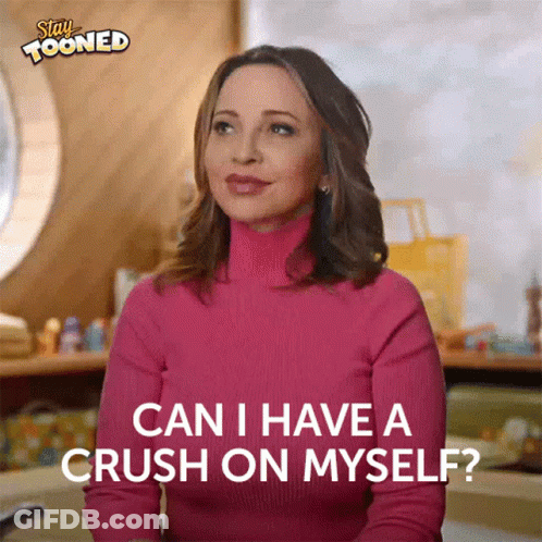 A Woman In A Pink Sweater Is Asking If She Has A Crush On Herself GIF