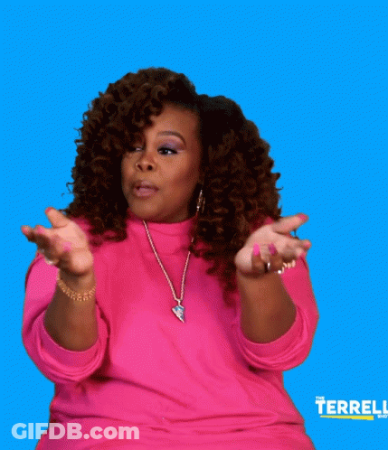 A Woman In A Pink Sweater Is Waving Her Hand In Front Of A Blue Background That Says Terrell GIF