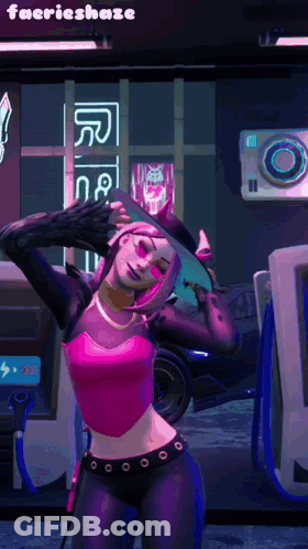 A Woman In A Pink Top And Black Pants Is Standing In Front Of A Neon Sign That Says Faerieshaze GIF