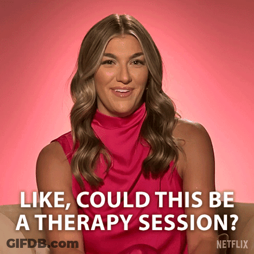 A Woman In A Pink Top Says " Like , Could This Be A Therapy Session " GIF