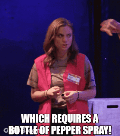 A Woman In A Pink Vest Says " Which Requires A Bottle Of Pepper Spray ! " GIF