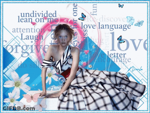 A Woman In A Plaid Dress Is Surrounded By Words Like Love Language GIF