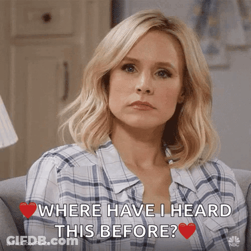 A Woman In A Plaid Shirt Is Sitting On A Couch And Asking Where Have I Heard This Before GIF