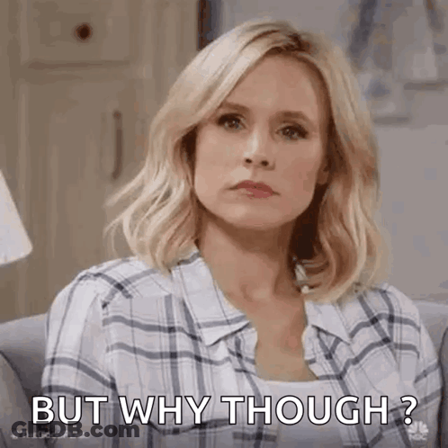 A Woman In A Plaid Shirt Is Sitting On A Couch And Saying `` But Why Though ? '' GIF