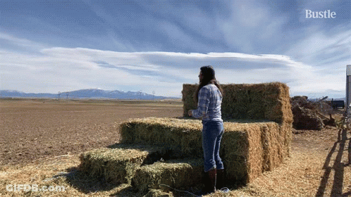 A Woman In A Plaid Shirt Stands Next To A Pile Of Hay Bales GIF