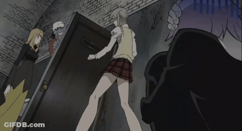 A Woman In A Plaid Skirt Is Walking Through A Door GIF