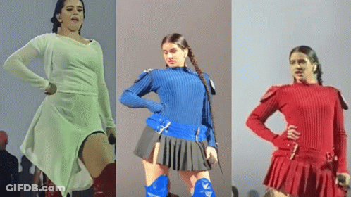 A Woman In A Pleated Skirt Is Standing In Three Different Outfits GIF