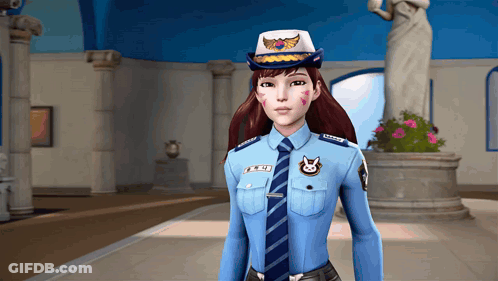 A Woman In A Police Uniform Has A Badge On Her Chest That Says ' A ' GIF