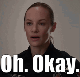 A Woman In A Police Uniform Has The Words Oh Okay On Her Face GIF