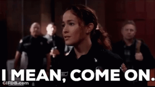 A Woman In A Police Uniform Is Standing In Front Of A Crowd Of People And Says `` I Mean , Come On . '' GIF