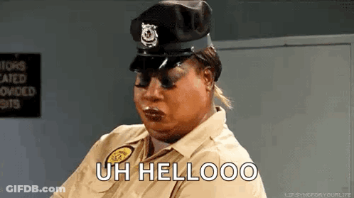 A Woman In A Police Uniform Is Wearing Sunglasses And A Hat And Says `` Uh Hellooo '' . GIF