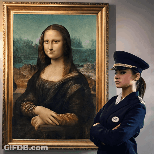 A Woman In A Police Uniform Stands In Front Of A Framed Painting Of A Woman GIF