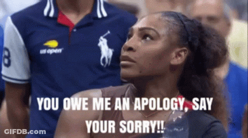 A Woman In A Polo Shirt Says You Owe Me An Apology Say Your Sorry . GIF