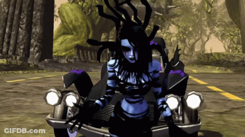 A Woman In A Purple And Black Outfit Is Standing In Front Of A Car GIF