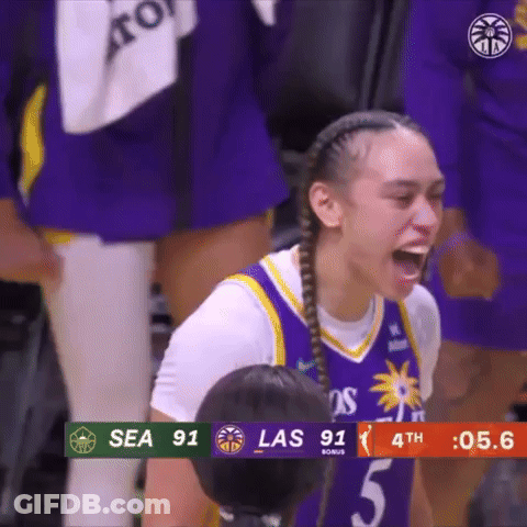 A Woman In A Purple And Yellow Basketball Uniform Is Kneeling Down With Her Mouth Open . GIF