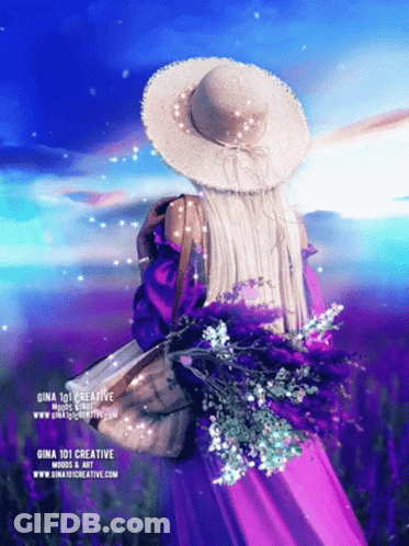 A Woman In A Purple Dress And Hat Is Holding A Bouquet Of Purple Flowers GIF