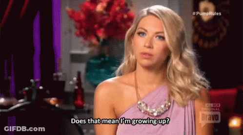 A Woman In A Purple Dress And Necklace Is Asking Does That Mean I 'M Growing Up ? GIF
