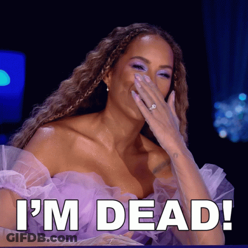 A Woman In A Purple Dress Covering Her Face With Her Hand And The Words I 'M Dead Below Her GIF