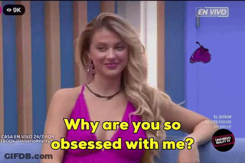 A Woman In A Purple Dress Is Being Asked Why Are You So Obsessed With Me GIF