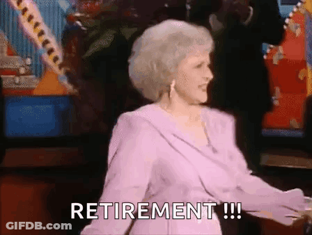A Woman In A Purple Dress Is Dancing And Saying `` Retirement !!! '' . GIF