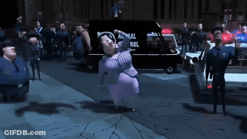 A Woman In A Purple Dress Is Dancing In Front Of A Police Van That Says Animal Control GIF