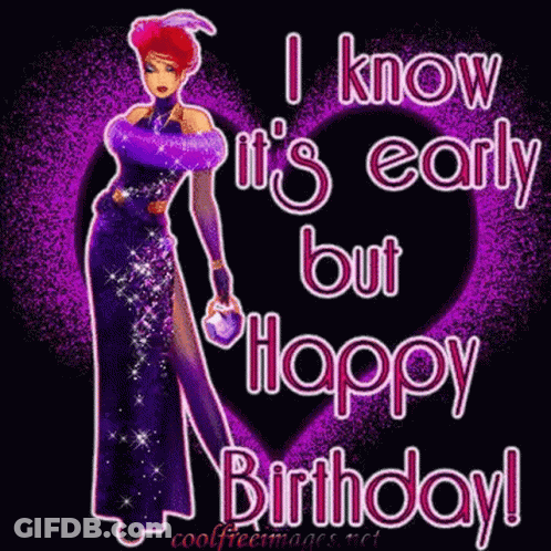 A Woman In A Purple Dress Is Holding A Heart And Says `` I Know It 'S Early But Happy Birthday '' GIF