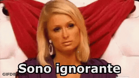 A Woman In A Purple Dress Is Sitting On A Bed With A Red Cloth Behind Her And The Words Sono Ignorante Above Her . GIF