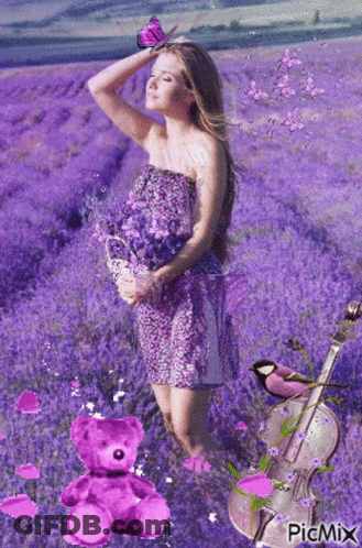 A Woman In A Purple Dress Is Standing In A Field Of Purple Flowers With A Violin And A Teddy Bear . GIF