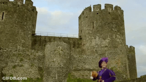 A Woman In A Purple Dress Is Standing In Front Of A Castle GIF
