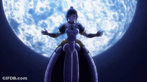 A Woman In A Purple Dress Is Standing In Front Of A Full Moon GIF