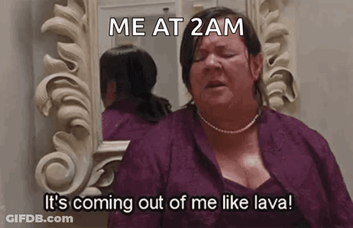 A Woman In A Purple Dress Is Standing In Front Of A Mirror And Says Me At 2 Am GIF