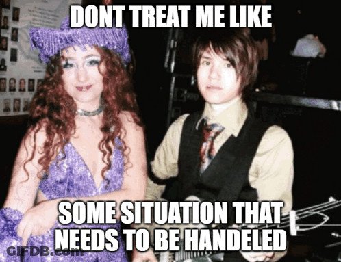 A Woman In A Purple Dress Is Standing Next To A Man In A Suit And Tie GIF