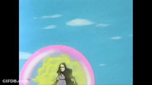 Woman In Purple Dress Surrounded By Pink Yellow Bubbles GIF