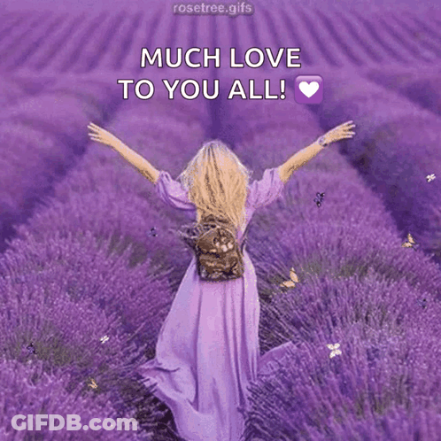 A Woman In A Purple Dress Is Walking Through A Field Of Lavender Flowers GIF