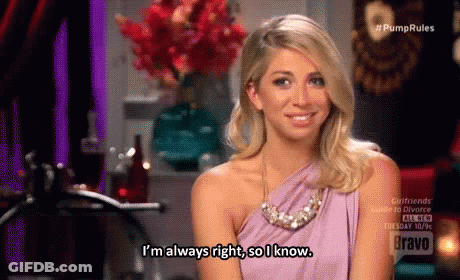 A Woman In A Purple Dress Says I 'M Always Right So I Know . GIF