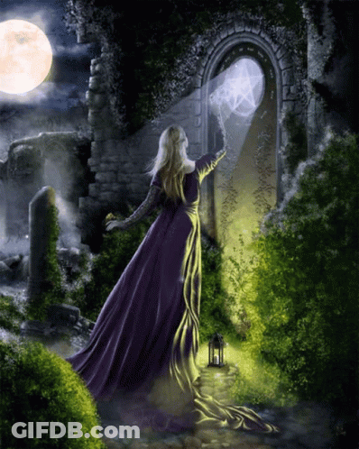 A Woman In A Purple Dress Stands In Front Of A Doorway With A Pentagram On It GIF