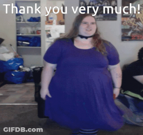A Woman In A Purple Dress Stands In Front Of A Sign That Says " Thank You Very Much " GIF