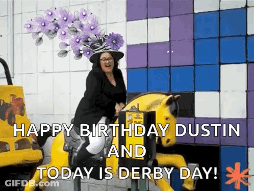 A Woman In A Purple Hat Is Riding A Yellow Horse . GIF