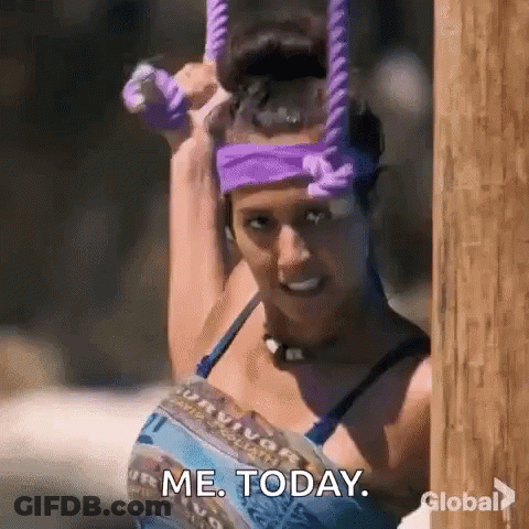 A Woman In A Purple Headband Is Hanging From A Rope And Says `` Me Today '' . GIF