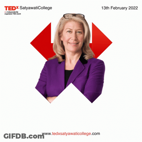 A Woman In A Purple Jacket Is Featured On A Poster For Tedx Satyawati College GIF