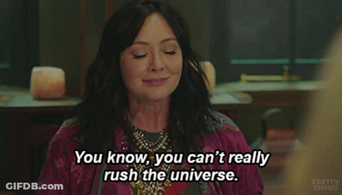 A Woman In A Purple Jacket Is Saying You Know , You Can 'T Really Rush The Universe . GIF
