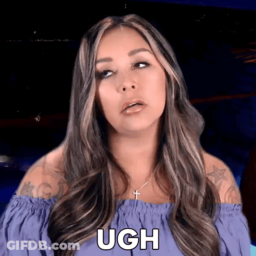A Woman In A Purple Off The Shoulder Top Says Ugh On Her Face GIF
