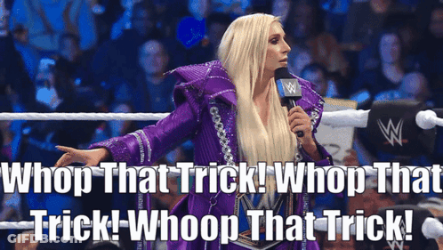 A Woman In A Purple Robe Holds A Microphone And Says Whoop That Trick GIF
